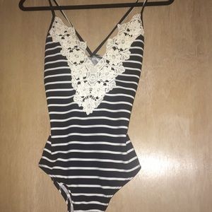 Charlotte Russe Bodysuit blue and white laced
